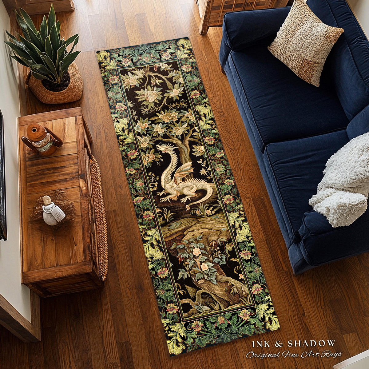 Woodland Gothic White Dragon Runner Enchanted Forest Decor | Mystical Dark Academia Whimsical Fantasy Forestcore Dark Nature Art Deco Rug