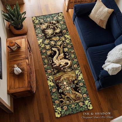 Woodland Gothic White Dragon Runner Enchanted Forest Decor | Mystical Dark Academia Whimsical Fantasy Forestcore Dark Nature Art Deco Rug