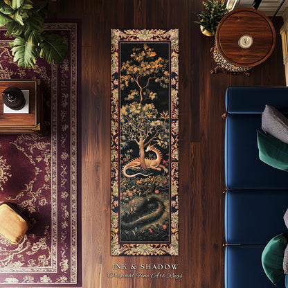 Ancient Dragon Art Rug Mystical Enchanting Forest Decor | Antique Baroque Aesthetic Academia Dark Fantasy Ethereal Runner Rug Folklore Home
