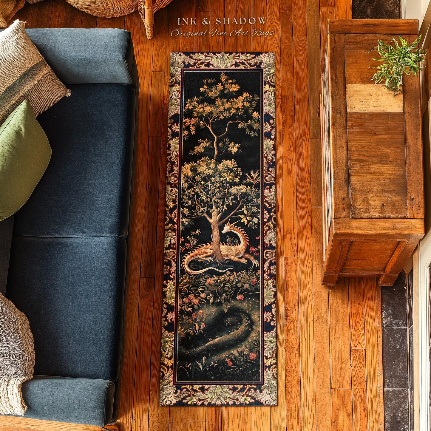 Ancient Dragon Art Rug Mystical Enchanting Forest Decor | Antique Baroque Aesthetic Academia Dark Fantasy Ethereal Runner Rug Folklore Home