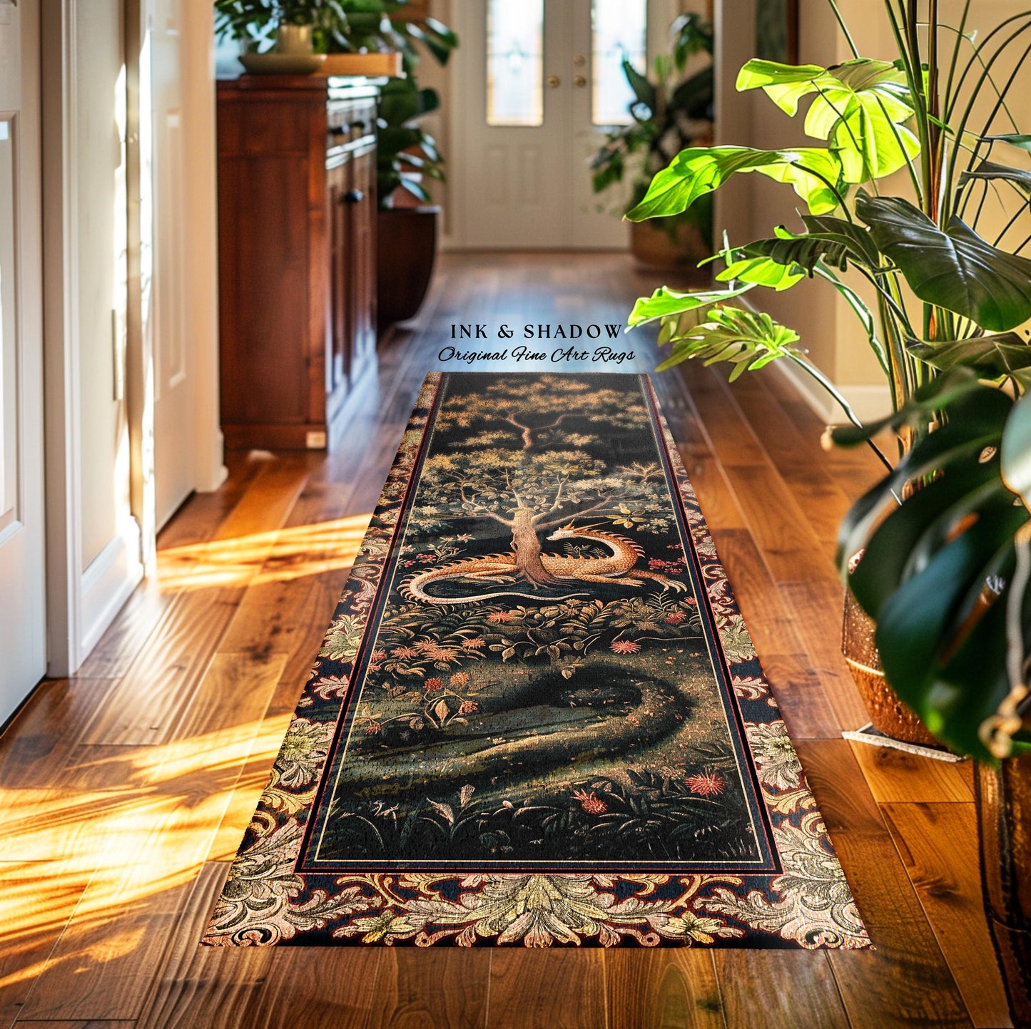 Ancient Dragon Art Rug Mystical Enchanting Forest Decor | Antique Baroque Aesthetic Academia Dark Fantasy Ethereal Runner Rug Folklore Home