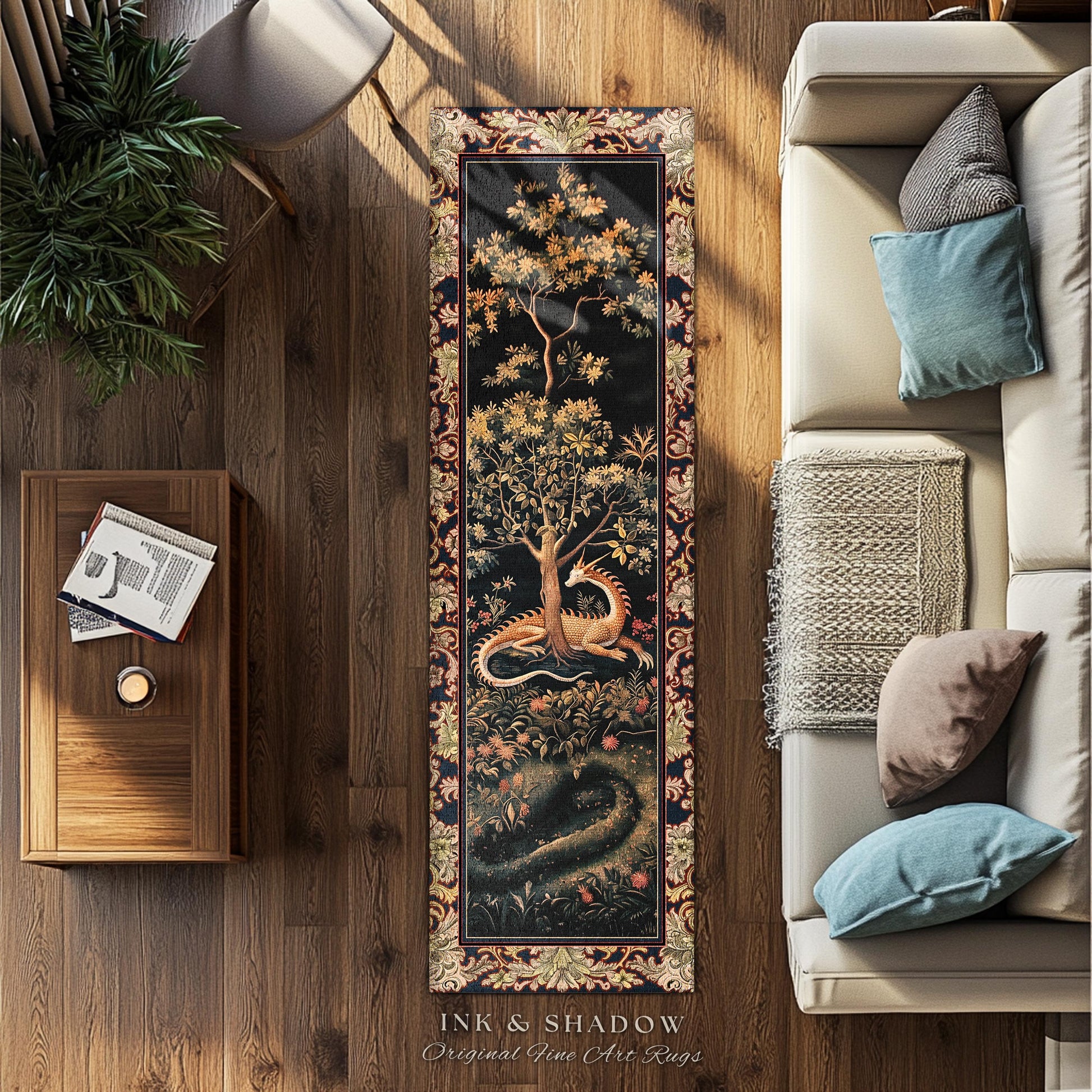 Ancient Dragon Art Rug Mystical Enchanting Forest Decor | Antique Baroque Aesthetic Academia Dark Fantasy Ethereal Runner Rug Folklore Home