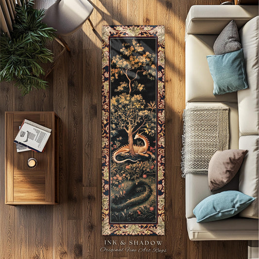 Ancient Dragon Art Rug Mystical Enchanting Forest Decor | Antique Baroque Aesthetic Academia Dark Fantasy Ethereal Runner Rug Folklore Home