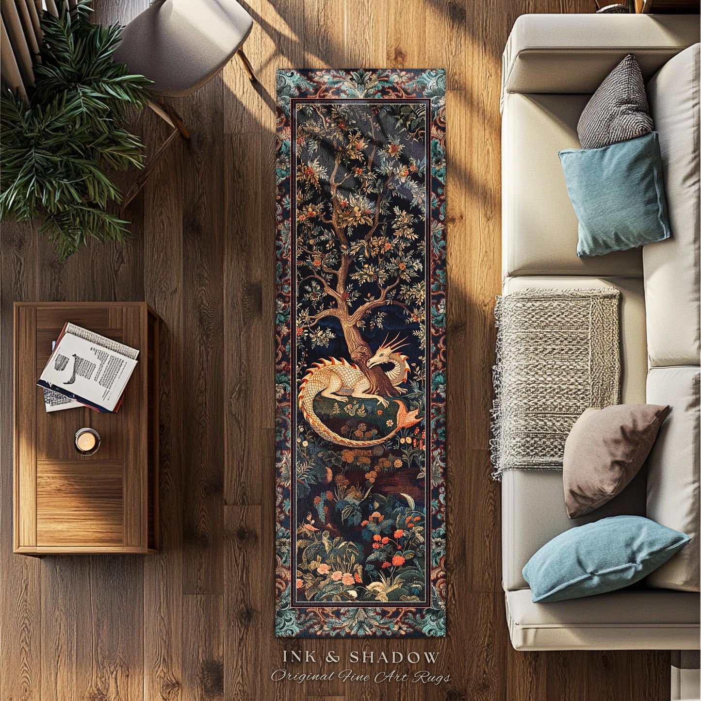 Baroque Victorian Gothic Woodland Dragon Runner Rug Floral Folklore Aesthetic | Dark Botanical Goblincore Antique Cottagecore Mythical Decor