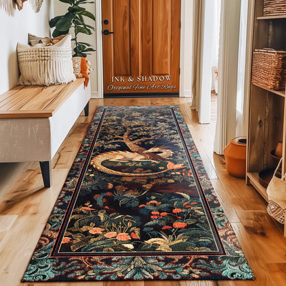 Baroque Victorian Gothic Woodland Dragon Runner Rug Floral Folklore Aesthetic | Dark Botanical Goblincore Antique Cottagecore Mythical Decor