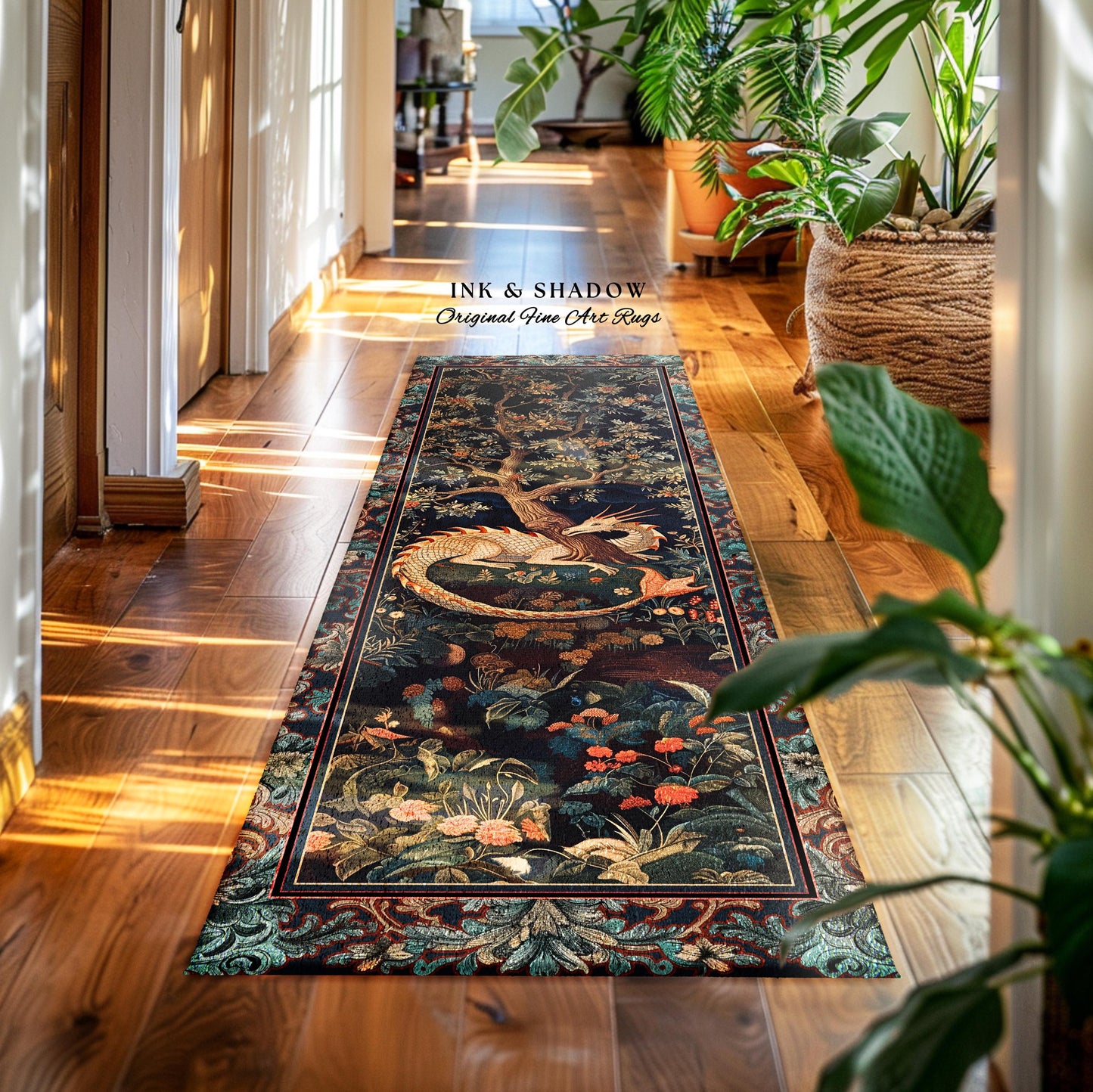 Baroque Victorian Gothic Woodland Dragon Runner Rug Floral Folklore Aesthetic | Dark Botanical Goblincore Antique Cottagecore Mythical Decor