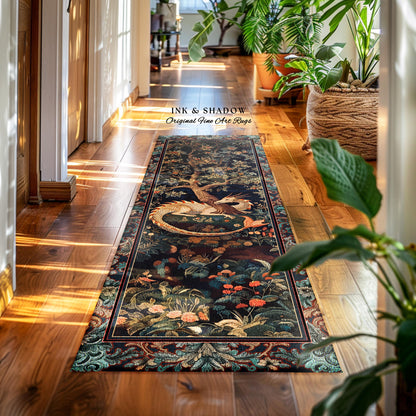 Baroque Victorian Gothic Woodland Dragon Runner Rug Floral Folklore Aesthetic | Dark Botanical Goblincore Antique Cottagecore Mythical Decor