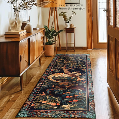 Baroque Victorian Gothic Woodland Dragon Runner Rug Floral Folklore Aesthetic | Dark Botanical Goblincore Antique Cottagecore Mythical Decor