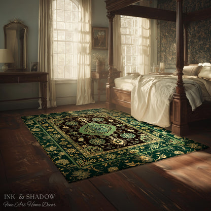 Dark Academia Emerald Statement Rug | Reading Nook Cozy Floor Rug Ornate Rug with Blue Green Detail Cottagecore Victorian Gothic Aesthetic