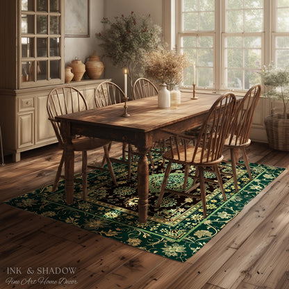 Dark Academia Emerald Statement Rug | Reading Nook Cozy Floor Rug Ornate Rug with Blue Green Detail Cottagecore Victorian Gothic Aesthetic