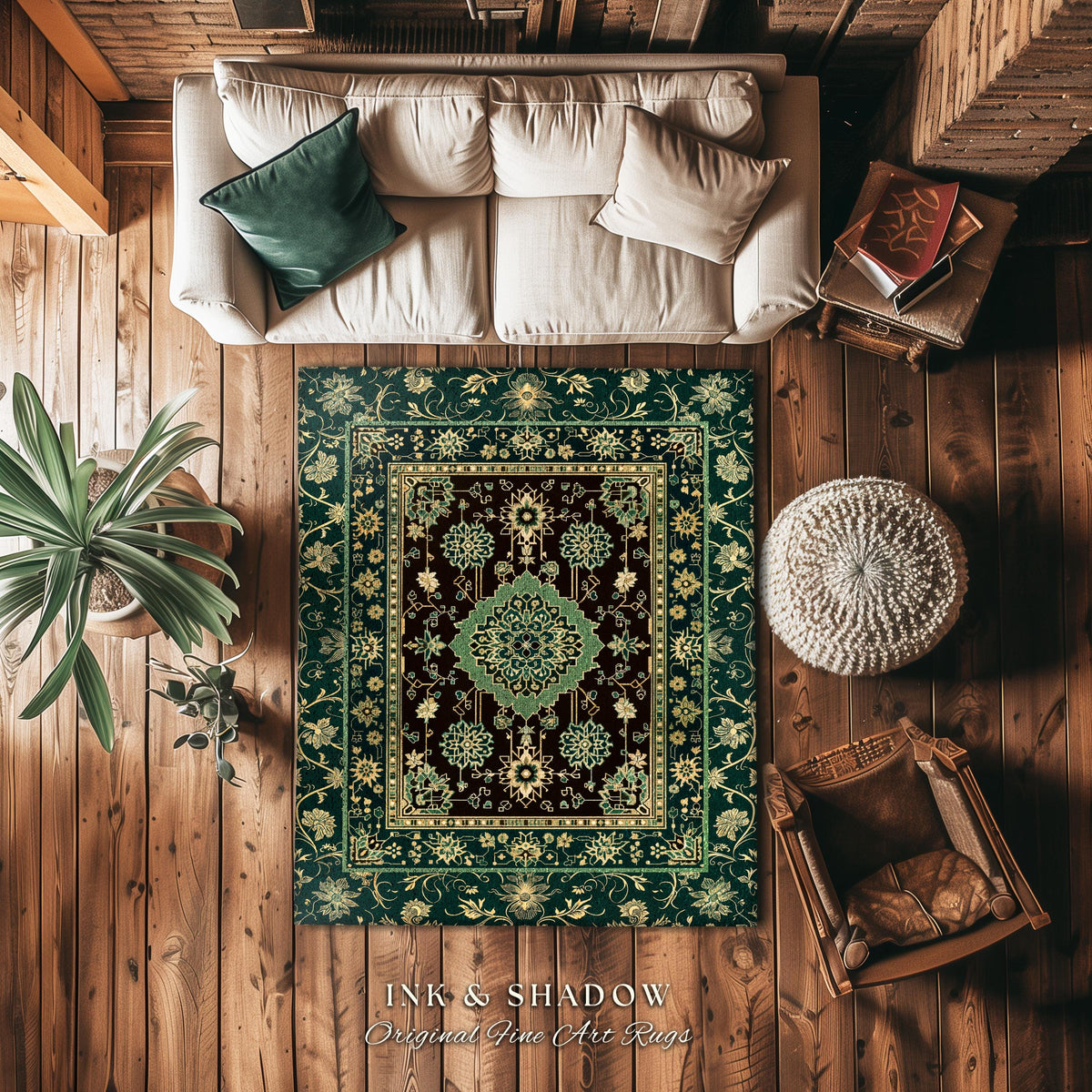 Dark Academia Emerald Statement Rug | Reading Nook Cozy Floor Rug Ornate Rug with Blue Green Detail Cottagecore Victorian Gothic Aesthetic