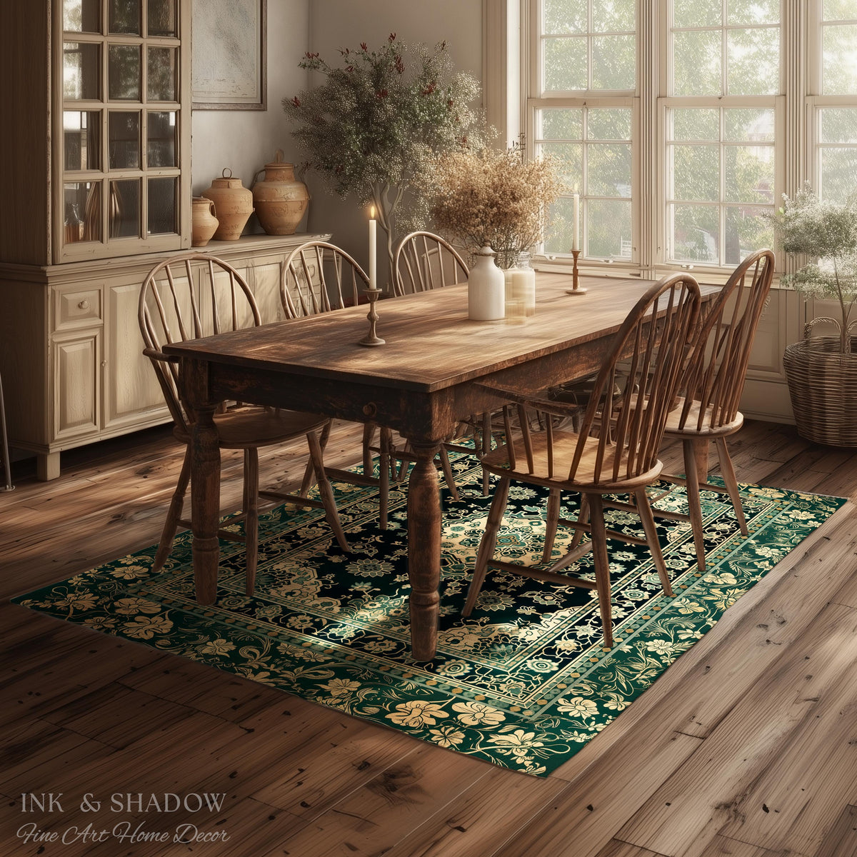 Victorian Gothic Bedroom Round Rug | Reading Nook Cozy Floor Rug Ornate Statement with Blue Green Detail Cottagecore Dark Academia Aesthetic