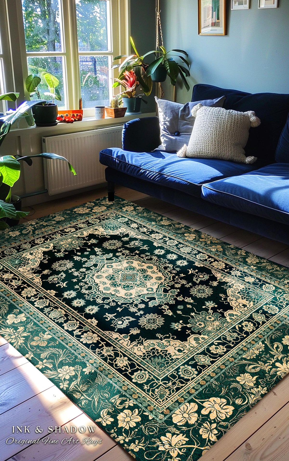 Victorian Gothic Bedroom Round Rug | Reading Nook Cozy Floor Rug Ornate Statement with Blue Green Detail Cottagecore Dark Academia Aesthetic