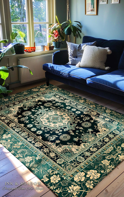 Victorian Gothic Bedroom Round Rug | Reading Nook Cozy Floor Rug Ornate Statement with Blue Green Detail Cottagecore Dark Academia Aesthetic