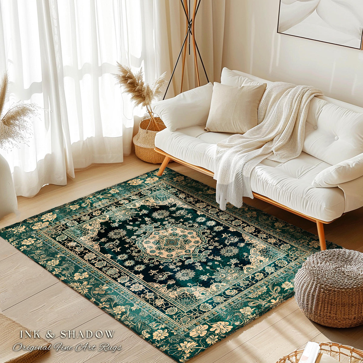 Victorian Gothic Bedroom Round Rug | Reading Nook Cozy Floor Rug Ornate Statement with Blue Green Detail Cottagecore Dark Academia Aesthetic