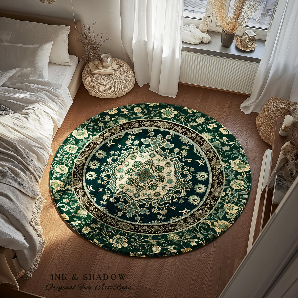 Victorian Gothic Bedroom Round Rug | Reading Nook Cozy Floor Rug Ornate Statement with Blue Green Detail Cottagecore Dark Academia Aesthetic
