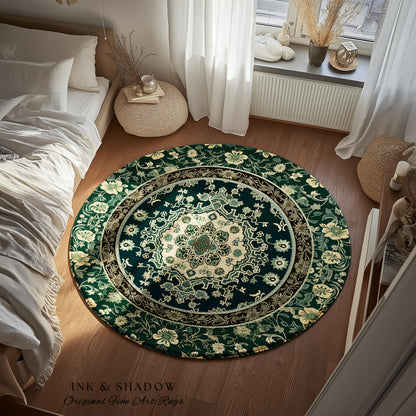 Victorian Gothic Bedroom Round Rug | Reading Nook Cozy Floor Rug Ornate Statement with Blue Green Detail Cottagecore Dark Academia Aesthetic