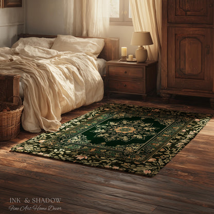 Witchy Bohemian Rustic Accent Rug | Enchanting Midnight Emerald Ornate Area Rug Traditional Art Deco Living Room Baroque Aesthetic Decor |