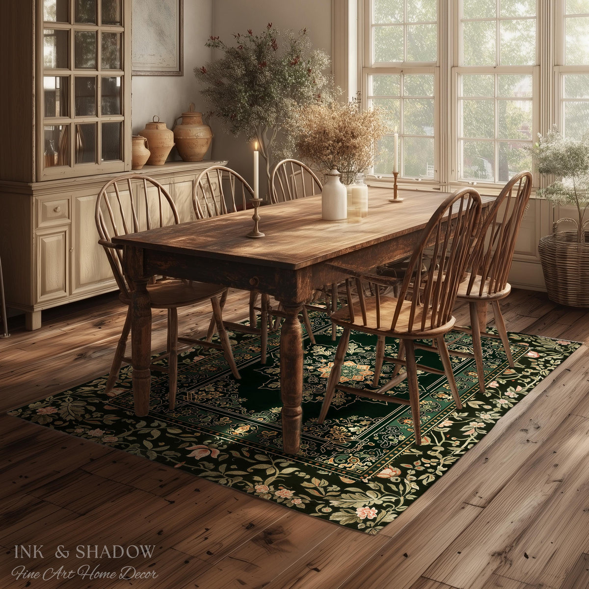 Witchy Bohemian Rustic Accent Rug | Enchanting Midnight Emerald Ornate Area Rug Traditional Art Deco Living Room Baroque Aesthetic Decor |