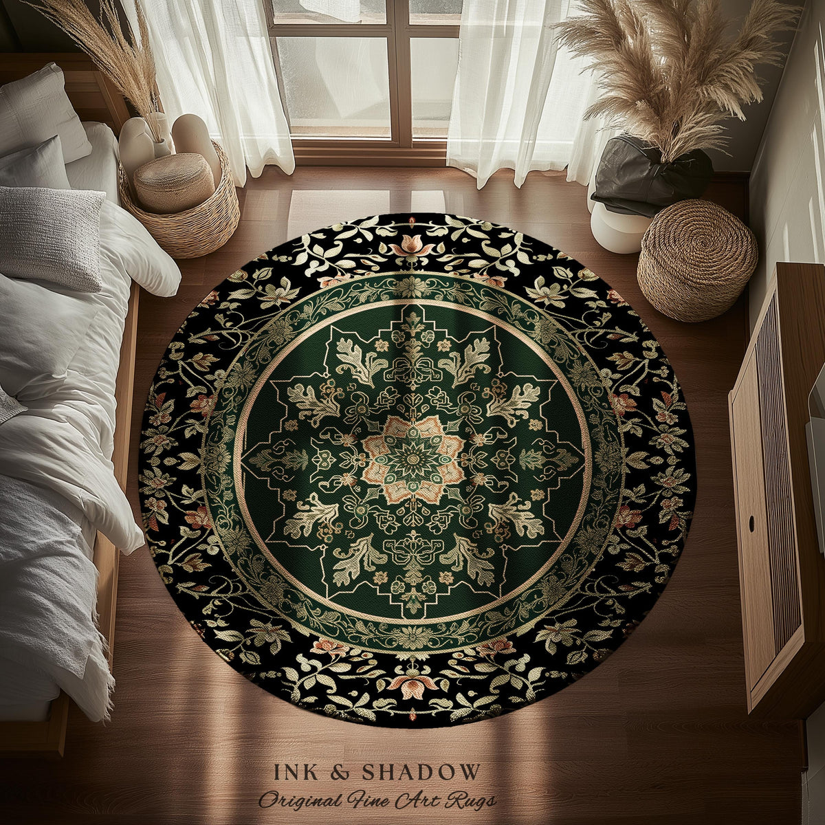 Witchy Bohemian Rustic Accent Rug | Enchanting Midnight Emerald Ornate Area Rug Traditional Art Deco Living Room Baroque Aesthetic Decor |