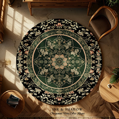 Witchy Bohemian Rustic Accent Rug | Enchanting Midnight Emerald Ornate Area Rug Traditional Art Deco Living Room Baroque Aesthetic Decor |