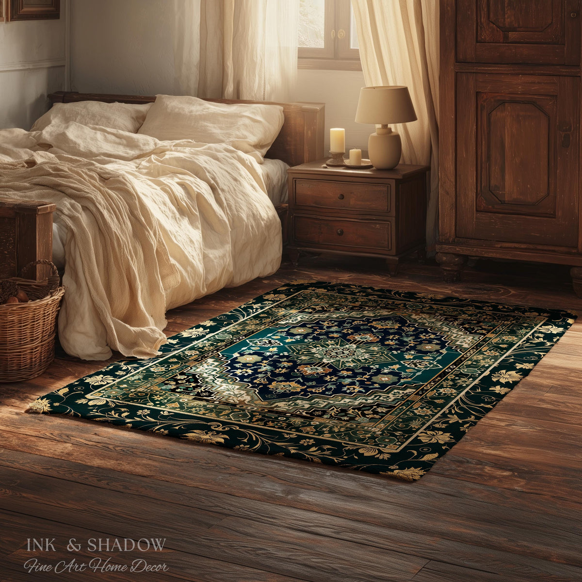 Victorian Baroque Area Rug | Midnight Emerald Ornate Design Gothic Art Deco Boho Accent Dark Academia Maximalist Home Statement Piece Witchy