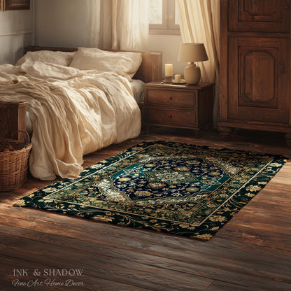 Victorian Baroque Area Rug | Midnight Emerald Ornate Design Gothic Art Deco Boho Accent Dark Academia Maximalist Home Statement Piece Witchy