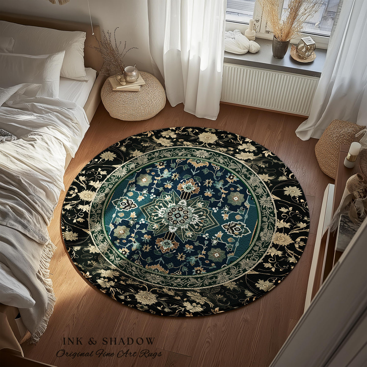 Victorian Baroque Area Rug | Midnight Emerald Ornate Design Gothic Art Deco Boho Accent Dark Academia Maximalist Home Statement Piece Witchy