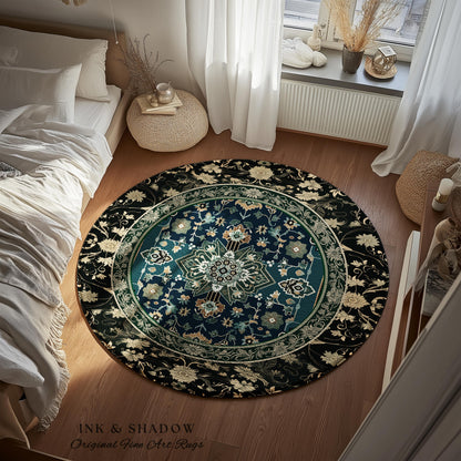 Victorian Baroque Area Rug | Midnight Emerald Ornate Design Gothic Art Deco Boho Accent Dark Academia Maximalist Home Statement Piece Witchy