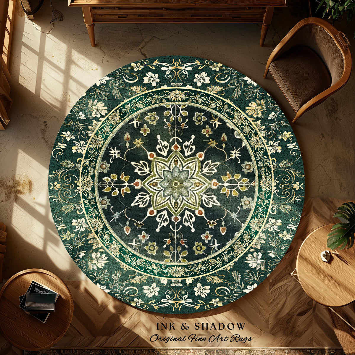 Moody Emerald Green Area Rug | Persian Green Floor Rug Ornate Rug with Blue Green Detail Dark Academia Victorian Gothic Aesthetic Dark Teal