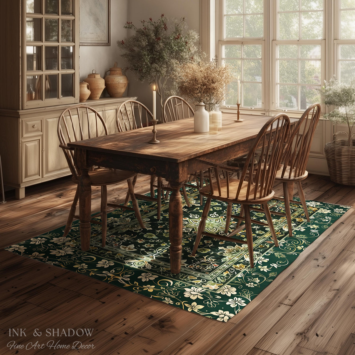 Moody Emerald Green Area Rug | Persian Green Floor Rug Ornate Rug with Blue Green Detail Dark Academia Victorian Gothic Aesthetic Dark Teal