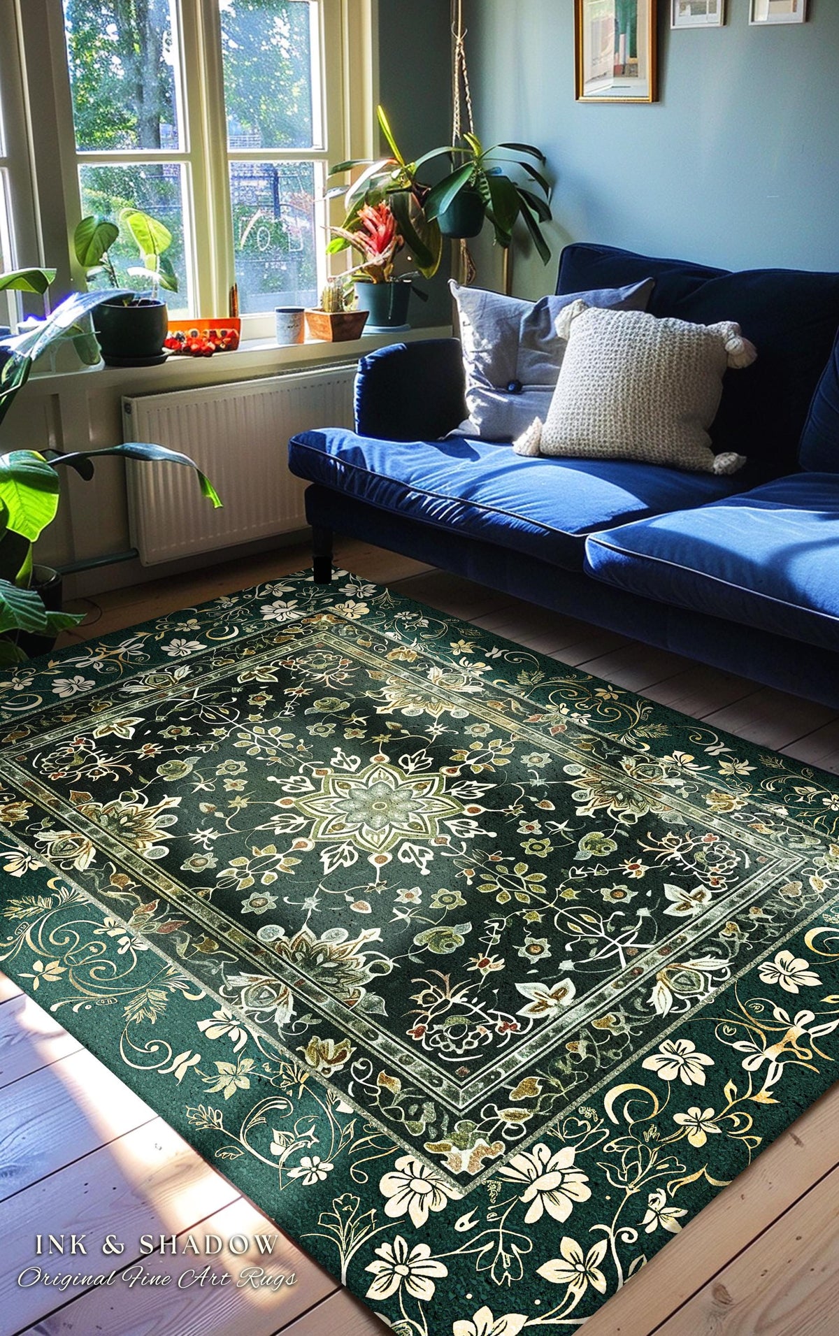 Moody Emerald Green Area Rug | Persian Green Floor Rug Ornate Rug with Blue Green Detail Dark Academia Victorian Gothic Aesthetic Dark Teal