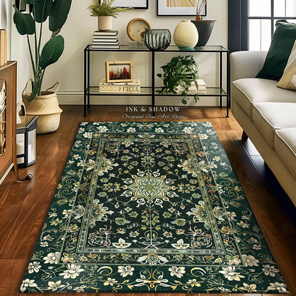 Moody Emerald Green Area Rug | Persian Green Floor Rug Ornate Rug with Blue Green Detail Dark Academia Victorian Gothic Aesthetic Dark Teal