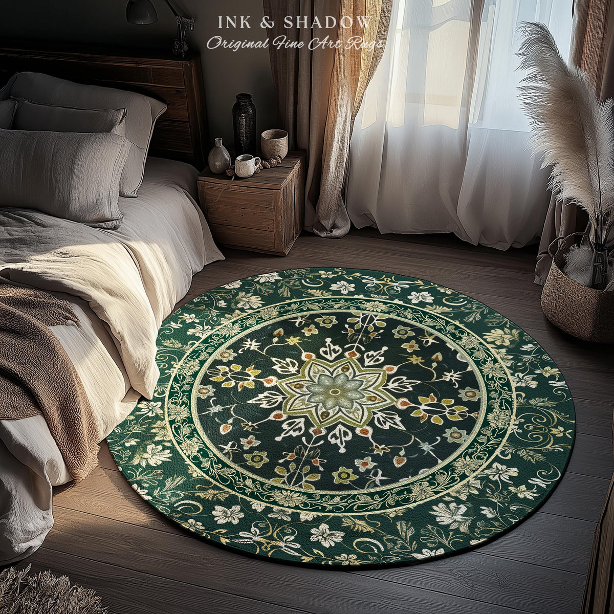 Moody Emerald Green Area Rug | Persian Green Floor Rug Ornate Rug with Blue Green Detail Dark Academia Victorian Gothic Aesthetic Dark Teal