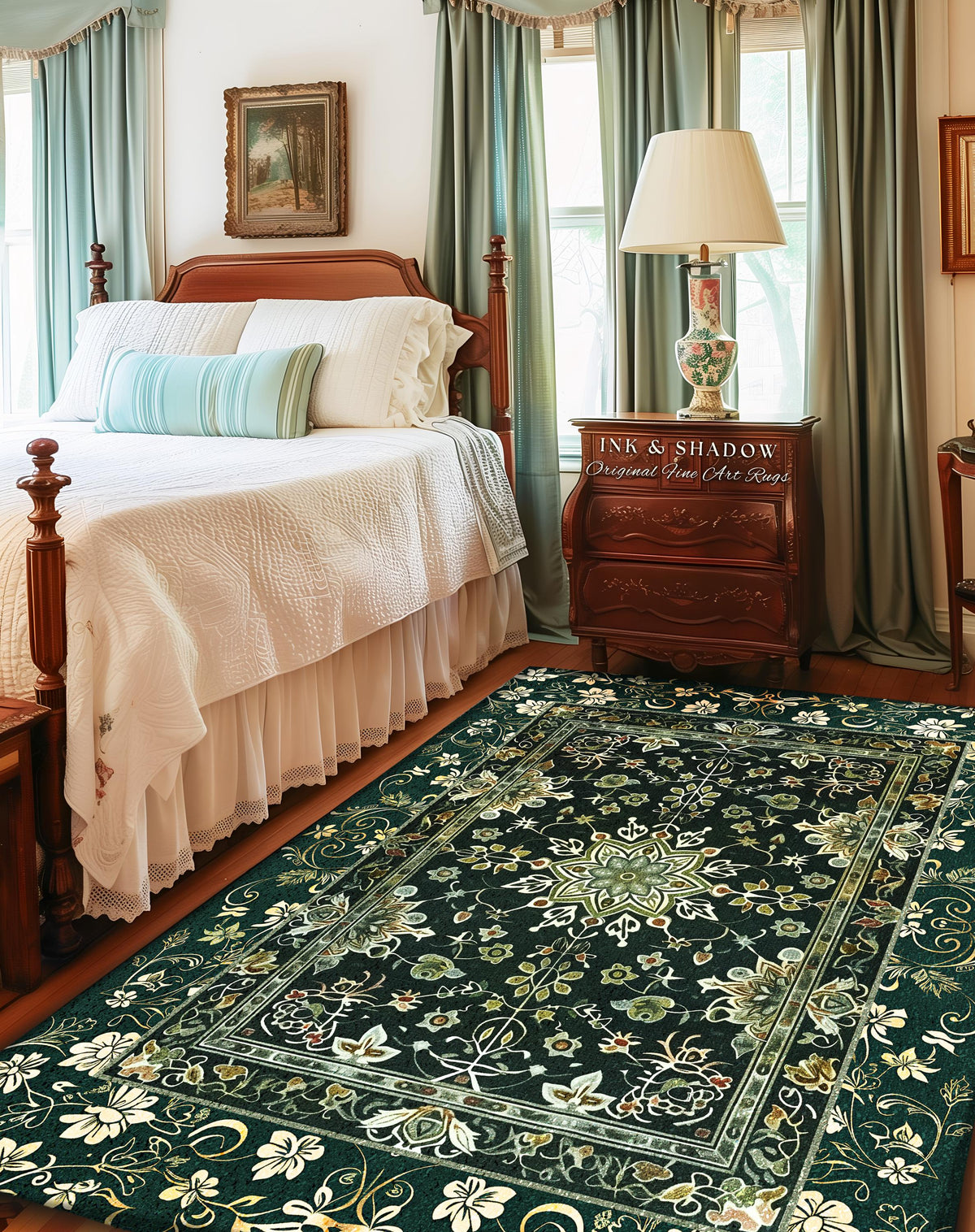 Moody Emerald Green Area Rug | Persian Green Floor Rug Ornate Rug with Blue Green Detail Dark Academia Victorian Gothic Aesthetic Dark Teal