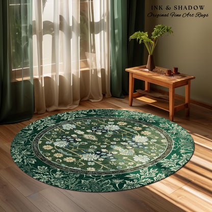 Muted Green Boho Round Area Rug | Rustic Aesthetic Living Room Pastel Green Home Decor Housewarming Gift Cottagecore Green Bedroom Floor Mat
