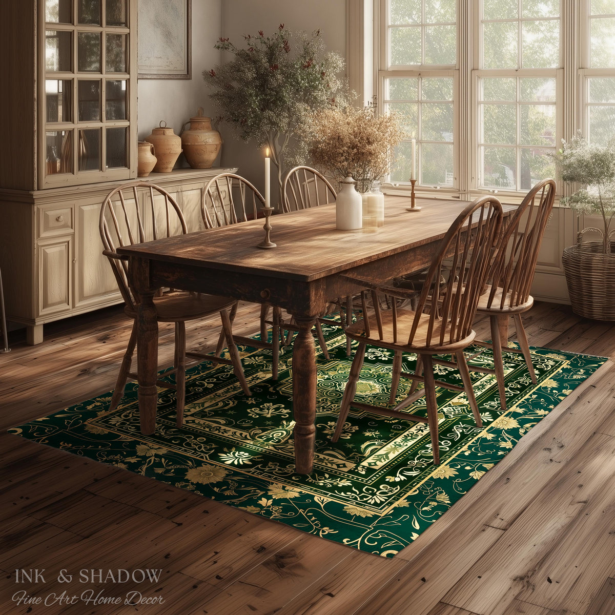 Gothic Maximalist Round Accent Rug | Forest Green Floor Rug Ornate Rug With Blue Green Detail Cottagecore Victorian Gothic Aesthetic Teal |