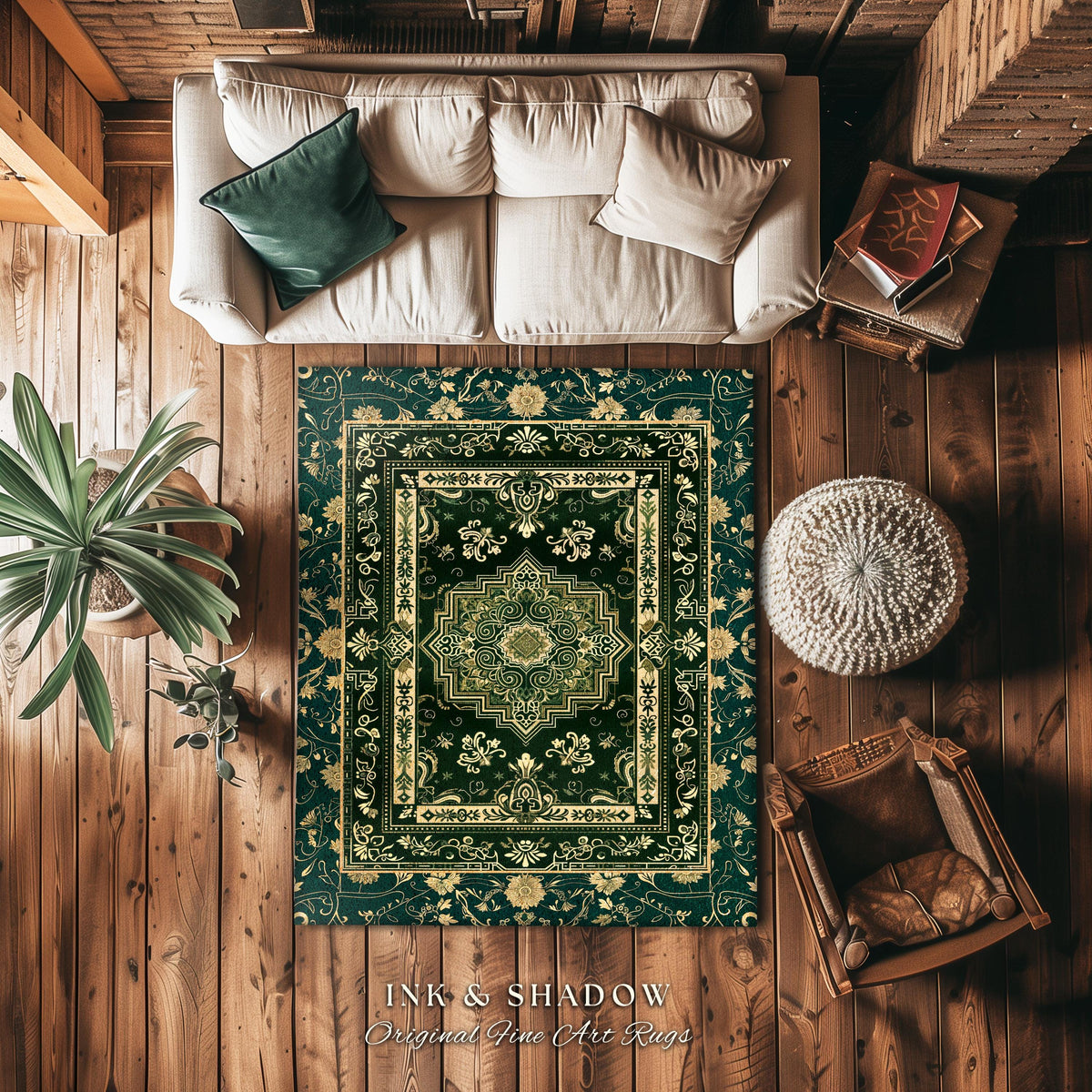 Gothic Maximalist Round Accent Rug | Forest Green Floor Rug Ornate Rug With Blue Green Detail Cottagecore Victorian Gothic Aesthetic Teal |