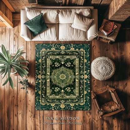 Gothic Maximalist Round Accent Rug | Forest Green Floor Rug Ornate Rug With Blue Green Detail Cottagecore Victorian Gothic Aesthetic Teal |