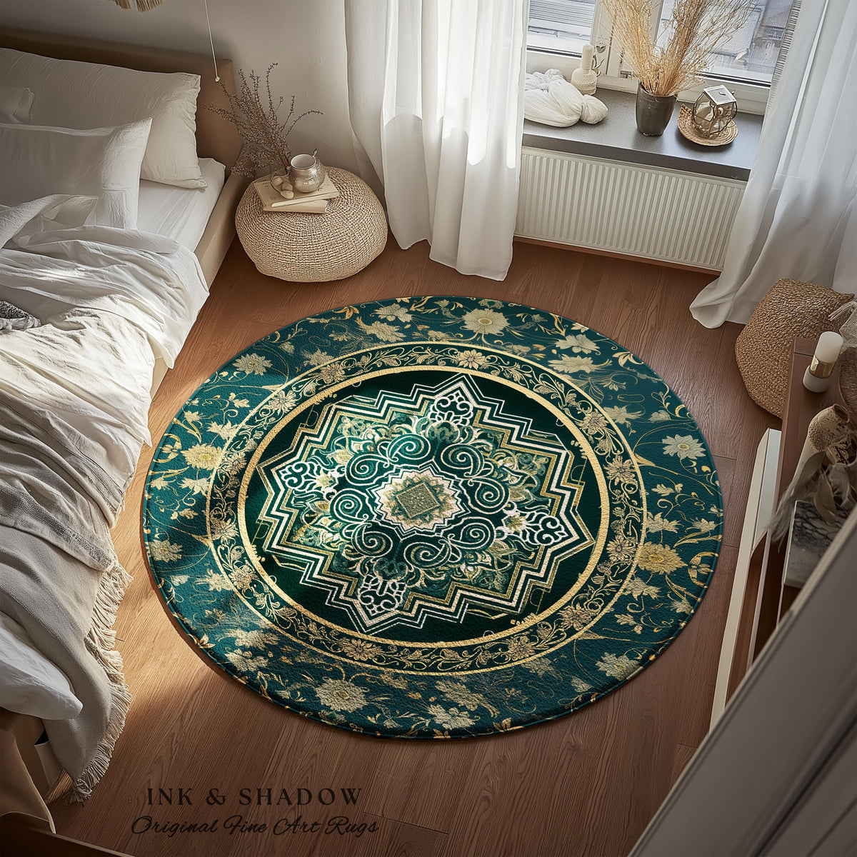 Gothic Maximalist Round Accent Rug | Forest Green Floor Rug Ornate Rug With Blue Green Detail Cottagecore Victorian Gothic Aesthetic Teal |