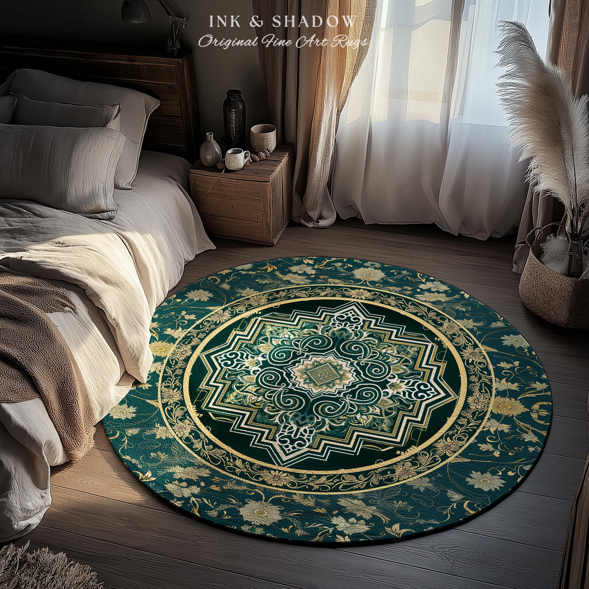 Gothic Maximalist Round Accent Rug | Forest Green Floor Rug Ornate Rug With Blue Green Detail Cottagecore Victorian Gothic Aesthetic Teal |