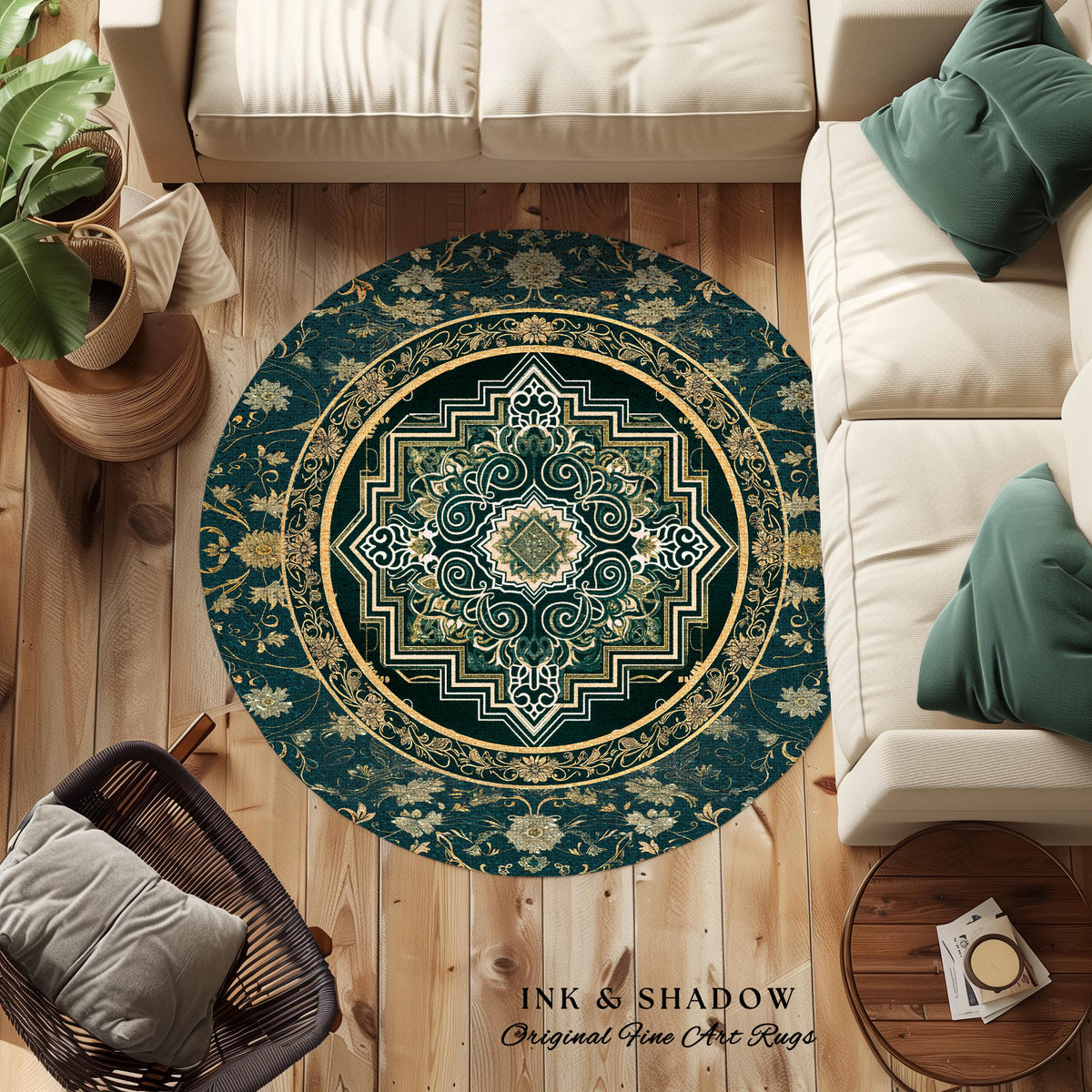 Gothic Maximalist Round Accent Rug | Forest Green Floor Rug Ornate Rug With Blue Green Detail Cottagecore Victorian Gothic Aesthetic Teal |