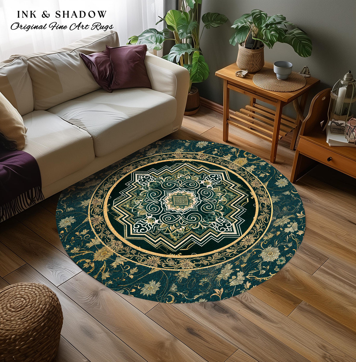 Gothic Maximalist Round Accent Rug | Forest Green Floor Rug Ornate Rug With Blue Green Detail Cottagecore Victorian Gothic Aesthetic Teal |
