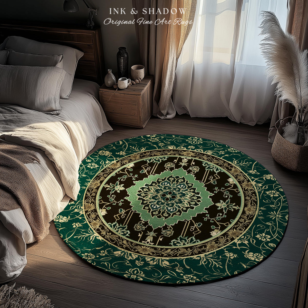 Dark Academia Emerald Round Statement Rug | Reading Nook Cozy Floor Rug Ornate Rug with Blue Green Detail Cottagecore Victorian Gothic Decor