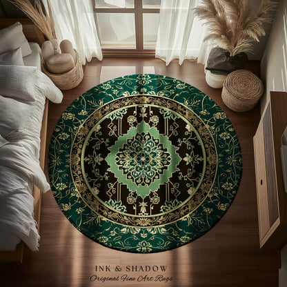 Dark Academia Emerald Round Statement Rug | Reading Nook Cozy Floor Rug Ornate Rug with Blue Green Detail Cottagecore Victorian Gothic Decor