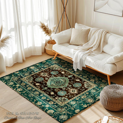Dark Academia Emerald Round Statement Rug | Reading Nook Cozy Floor Rug Ornate Rug with Blue Green Detail Cottagecore Victorian Gothic Decor