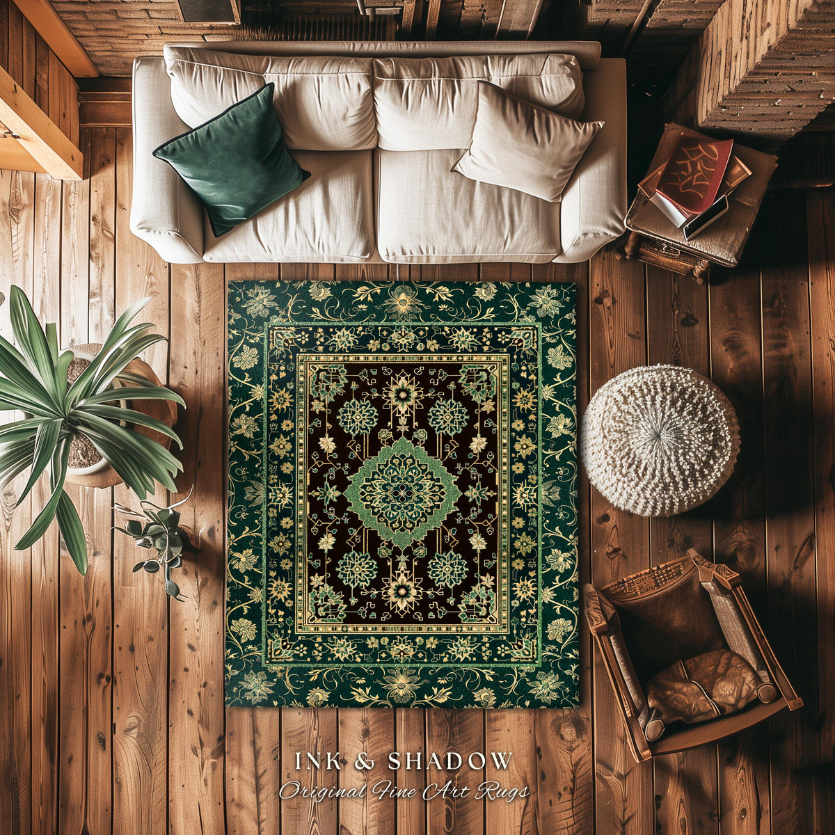 Dark Academia Emerald Round Statement Rug | Reading Nook Cozy Floor Rug Ornate Rug with Blue Green Detail Cottagecore Victorian Gothic Decor