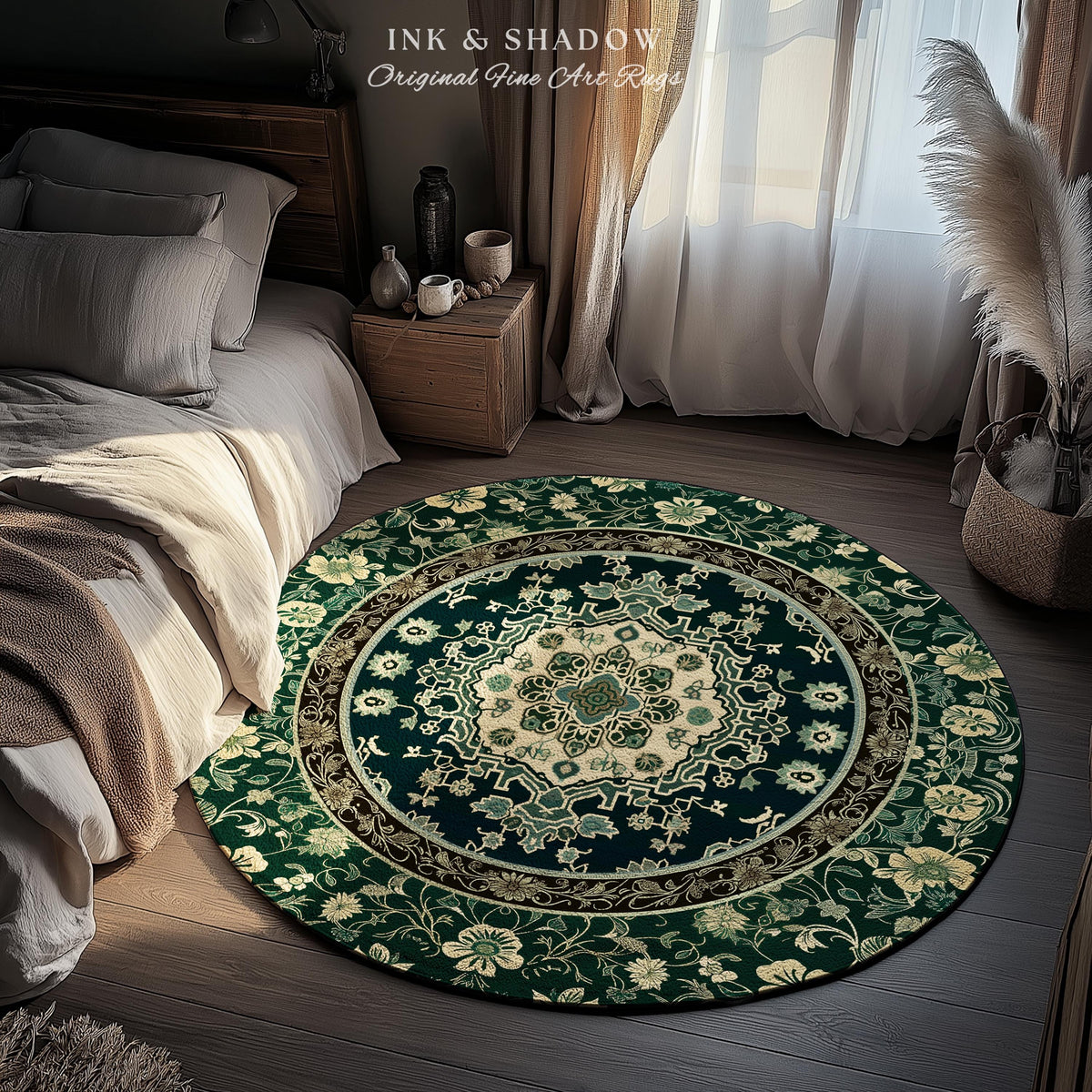 Victorian Gothic Bedroom Rug | Reading Nook Cozy Floor Rug Ornate Statement Rug with Blue Green Detail Cottagecore Dark Academia Aesthetic
