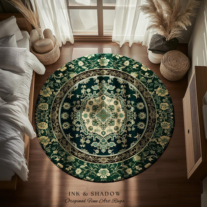 Victorian Gothic Bedroom Rug | Reading Nook Cozy Floor Rug Ornate Statement Rug with Blue Green Detail Cottagecore Dark Academia Aesthetic