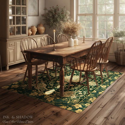 Victorian Botanical Medallion Emerald Green Rug Antique Rose Gold Floral Art Nuevo Accents, Vintage Cottagecore Elegant Persian Home Charm